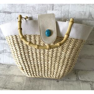 Unbranded Turquoise Straw Bamboo Handle Bag Lightweight Mini Snap Closure